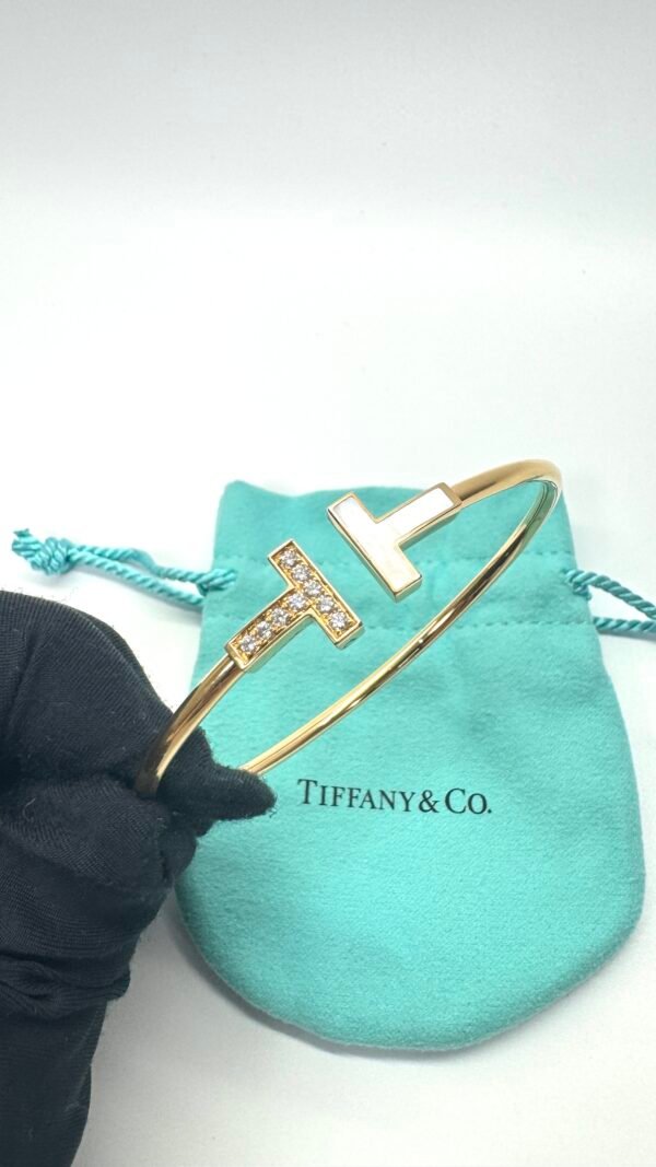 c202508569-tiffany-co-t-wire-diamond-mother-of-pearl-bracelet-2 Pre-Owned/ Pre-Loved/ Second-Hand Tiffany & Co. T Wire Diamond & Mother of Pearl Bracelet, Bracelet in Rose Gold Color, Medium (14.5-16cm) Size, Front View