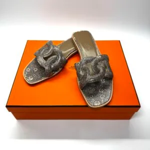 b202506644-hermes-omaha-sandals-lizzard-2 Pre-Owned/ Pre-Loved/ Second-Hand Hermes Omaha Sandals Lizzard, Shoe in Grey Color, 36 Size, Front View