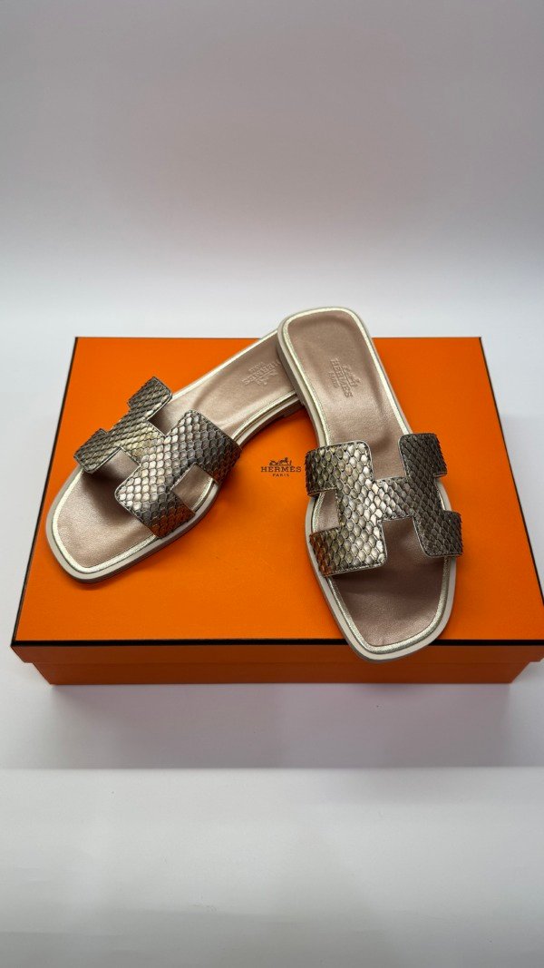 b202506645-hermes-oran-sandals-snake Pre-Owned/ Pre-Loved/ Second-Hand Hermes Oran Sandals Snake, Shoe in Silver Color, 36 Size, Front View