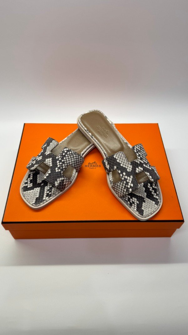b202506646-hermes-oran-sandals-snake Pre-Owned/ Pre-Loved/ Second-Hand Hermes Oran Sandals Snake, Shoe in Grey Color, 37 Size, Front View