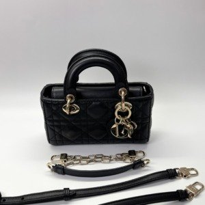 Pre-Owned/ Pre-Loved/ Second-Hand Dior Micro Lady D-Joy Dual Strap, Bag in Black, Gold Hardware Color, 16 x 9 x 5 cm Size, Front View