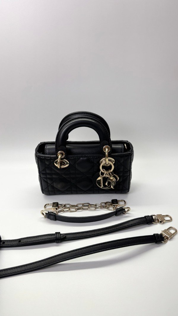 Pre-Owned/ Pre-Loved/ Second-Hand Dior Micro Lady D-Joy Dual Strap, Bag in Black, Gold Hardware Color, 16 x 9 x 5 cm Size, Front View
