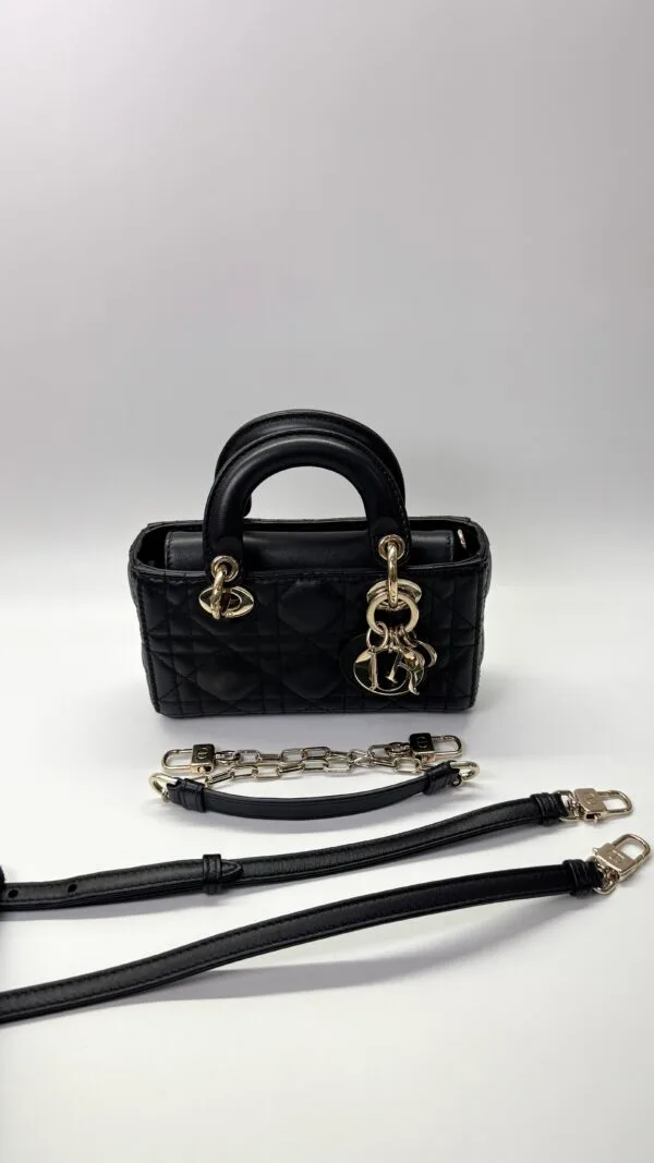 b202513618-dior-micro-lady-d-joy-dual-strap Pre-Owned/ Pre-Loved/ Second-Hand Dior Micro Lady D-Joy Dual Strap, Bag in Black, Gold Hardware Color, 16 x 9 x 5 cm Size, Front View
