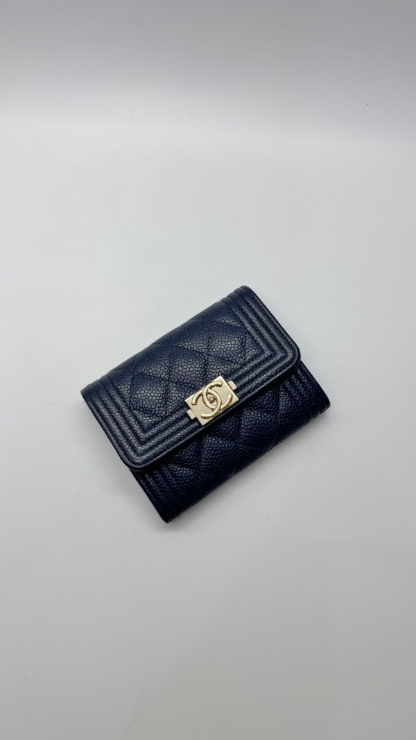 Pre-Owned/ Pre-Loved/ Second-Hand Chanel Boy Flap Card Holder, Wallet in Dark Blue Color,  Size, Front View