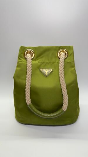 Pre-Owned/ Pre-Loved/ Second-Hand Prada Re-nylon Bucket Bag, Bag in Green, Gold Hardwear Color,  Size, Front View