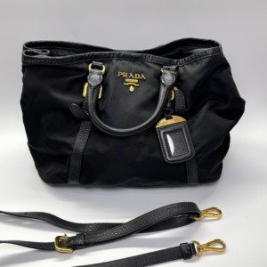 Pre-Owned/ Pre-Loved/ Second-Hand Prada Tessuto Nylon Bag, Bag in Black Color, 28 x 16 x 21 cm Size, Front View