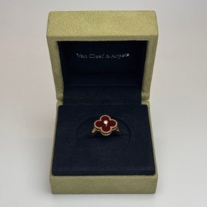 Pre-Owned/ Pre-Loved/ Second-Hand Van Cleef & Arpels (VCA) Diamond Carnelian Alhambra Ring, Ring in Carnelian, Yellow Gold Color, 53 Size, Front View