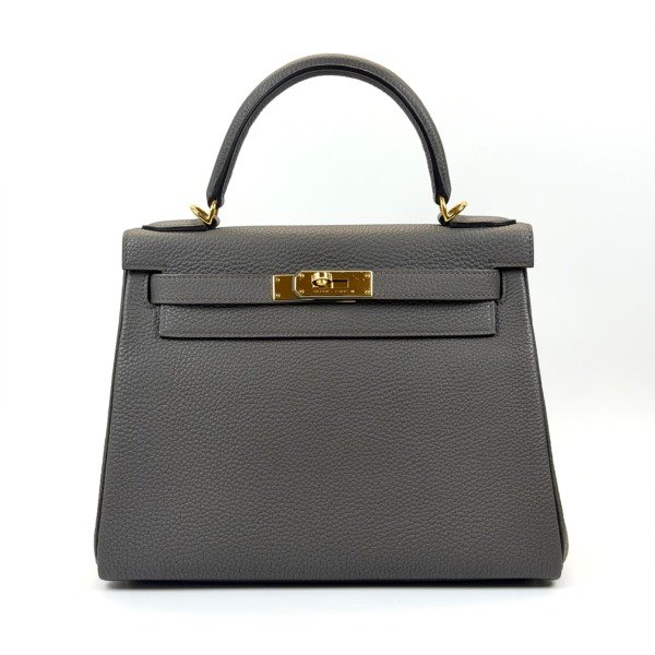 Pre-Owned/ Pre-Loved/ Second-Hand Hermes Kelly 28 Togo, Bag in Etain, Gold Hardware Color, 28 Size, Front View