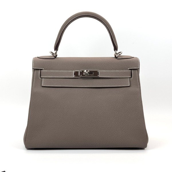 Pre-Owned/ Pre-Loved/ Second-Hand Hermes Kelly 28 Togo, Bag in Etoupe, Gold Hardware Color, 28 Size, Front View