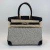 Pre-Owned/ Pre-Loved/ Second-Hand Hermes Birkin 30 Canvas Black, Bag in Black, Ecru Color, 30 Size, Front View