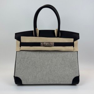 Pre-Owned/ Pre-Loved/ Second-Hand Hermes Birkin 30 Canvas Black, Bag in Black, Ecru Color, 30 Size, Front View