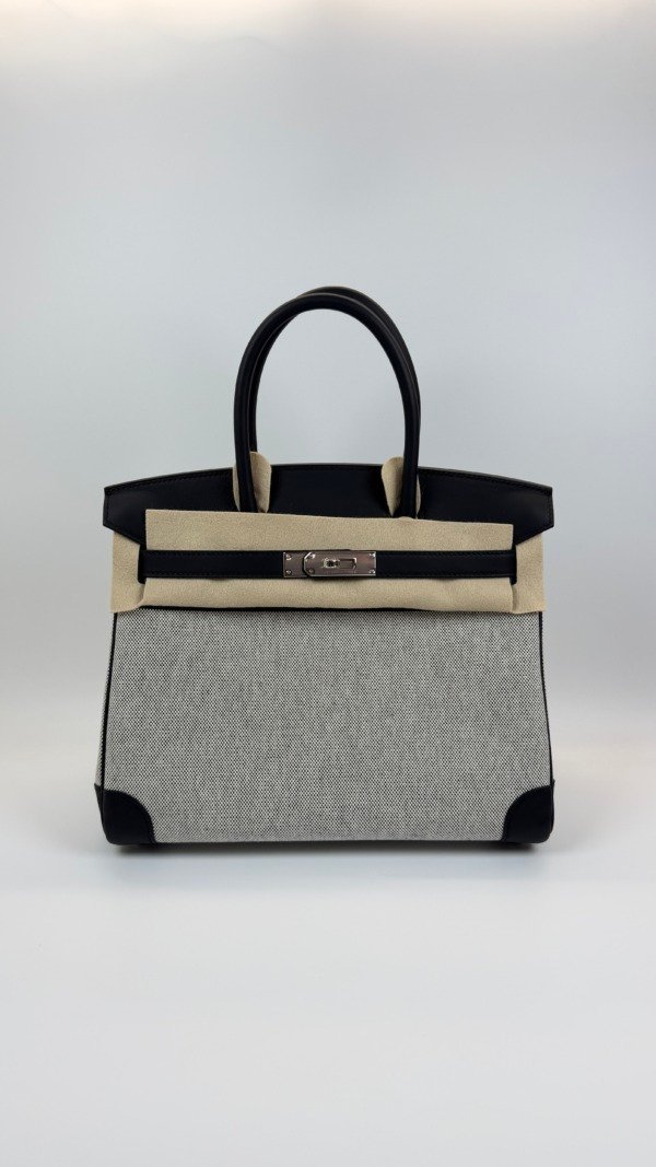Pre-Owned/ Pre-Loved/ Second-Hand Hermes Birkin 30 Canvas Black, Bag in Black, Ecru Color, 30 Size, Front View