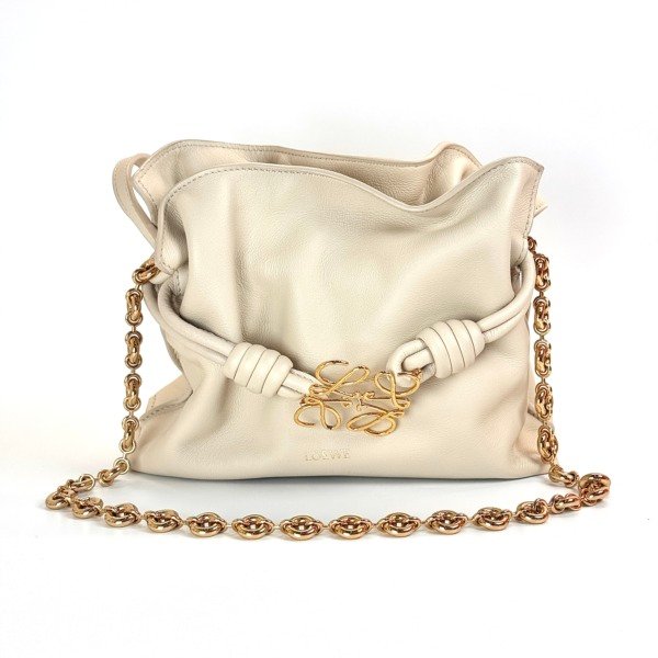 Pre-Owned/ Pre-Loved/ Second-Hand Loewe Flamenco Mini (Extra Strap & Brioche that cost $1300 to buy ), Bag in Cream, Gold Hardware Color, 18 x 23.9 x 9cm Size, Front View