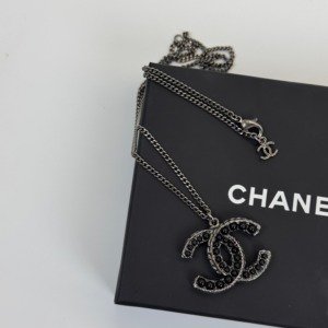 Pre-Owned/ Pre-Loved/ Second-Hand Chanel CC Pendant Necklace, Necklace in Silver, Black Color, 3cm Pendant Size, Front View