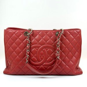 Pre-Owned/ Pre-Loved/ Second-Hand Chanel GST Tote , Bag in Red, Silver Hardware Color,  Size, Front View