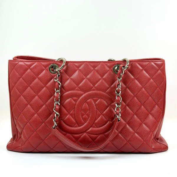 c202601810-chanel-gst-tote Pre-Owned/ Pre-Loved/ Second-Hand Chanel GST Tote , Bag in Red, Silver Hardware Color, Size, Front View