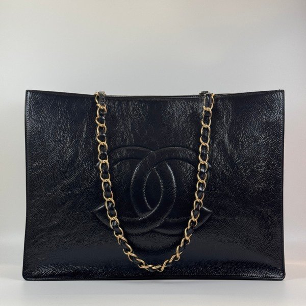 Pre-Owned/ Pre-Loved/ Second-Hand Chanel Timeless CC Tote GST, Bag in Black Glazed Calf, Gold Hardware Color,  Size, Front View