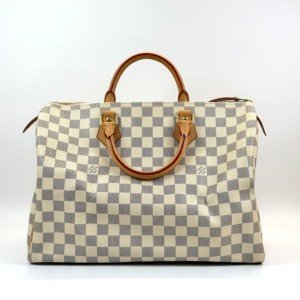 Pre-Owned/ Pre-Loved/ Second-Hand Louis Vuitton (LV) Speedy 35 , Bag in White Damier Azur Color,  Size, Front View