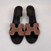 Pre-Owned/ Pre-Loved/ Second-Hand Hermes Crystal Suede Oasis Sandals/ Heel, Shoe in Strass Rose Perle, Black bottom  Color, 38 Size, Front View