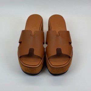 Pre-Owned/ Pre-Loved/ Second-Hand Hermes Eze 30 Platform Sandals, Shoe in Gold Color, 37 Size, Front View