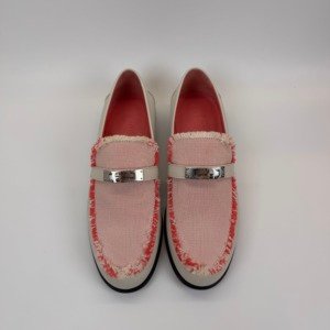 Pre-Owned/ Pre-Loved/ Second-Hand Hermes Kelly Game Slip-on Sneaker/Loafers, Shoe in White, Pink, Palladium Hardware Color, 38 Size, Front View
