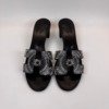 Pre-Owned/ Pre-Loved/ Second-Hand Hermes Black Silk Oasis Sandals/Heel, Shoe in Black, White Color, 38 Size, Front View