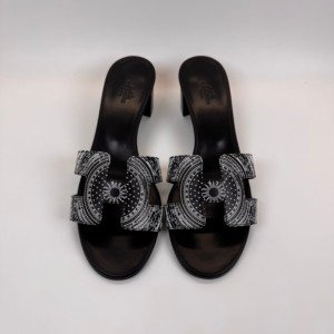 Pre-Owned/ Pre-Loved/ Second-Hand Hermes Black Silk Oasis Sandals/Heel, Shoe in Black, White Color, 38 Size, Front View