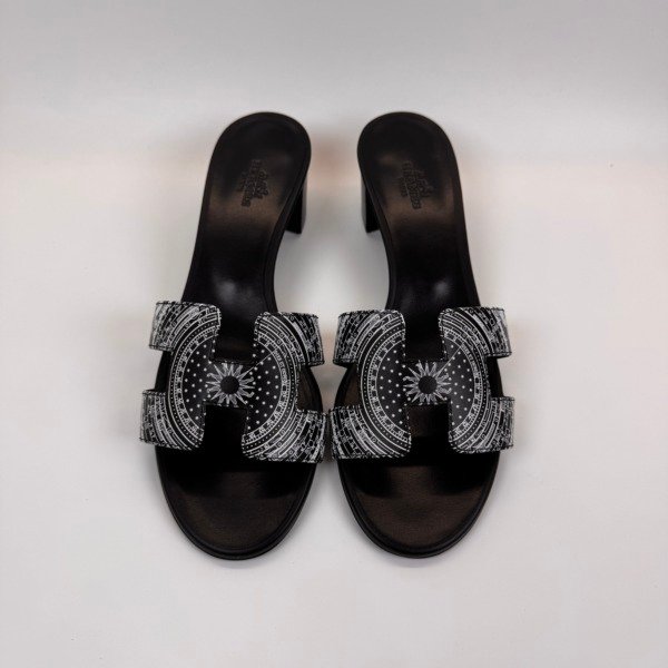 Pre-Owned/ Pre-Loved/ Second-Hand Hermes Black Silk Oasis Sandals/Heel, Shoe in Black, White Color, 38 Size, Front View