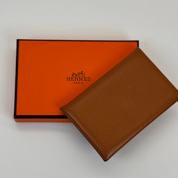 Pre-Owned/ Pre-Loved/ Second-Hand Hermes Calvi Card Holder, Wallet in Gold Color,  Size, Front View
