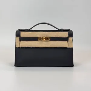 b202606706-hermes-kelly-pochette Pre-Owned/ Pre-Loved/ Second-Hand Hermes Mini Kelly Pochette, Bag in Black, Gold Hardware Color, 22 x 14 x 7cm Size, Front View