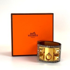 Pre-Owned/ Pre-Loved/ Second-Hand Hermes Lizzard CDC Collier de Chien Bracelet, Bracelet in Black, Gold Hardware Color, T1 Size, Front View