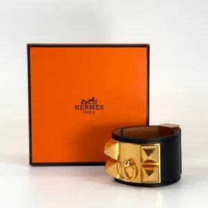 b202606830-hermes-cdc-collier-de-chien-bracelet-2 Pre-Owned/ Pre-Loved/ Second-Hand Hermes CDC Collier de Chien Bracelet, Bracelet in Black, Gold Hardware Color, T1 Size, Front View