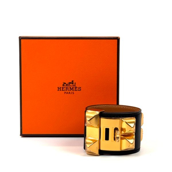 Pre-Owned/ Pre-Loved/ Second-Hand Hermes CDC Collier de Chien Bracelet, Bracelet in Black, Gold Hardware Color, T1 Size, Front View