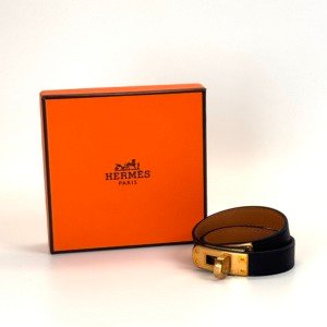 Pre-Owned/ Pre-Loved/ Second-Hand Hermes Kelly Doubble Tour Bracelet, Bracelet in Black, Gold Hardware Color, T1 Size, Front View