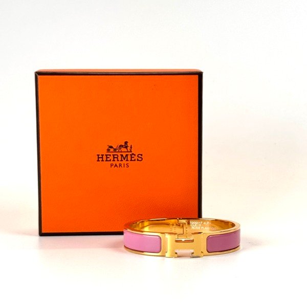 Pre-Owned/ Pre-Loved/ Second-Hand Hermes Clic H Bracelet, Bracelet in Pink, Gold Hardware Color, T1 Size, Front View