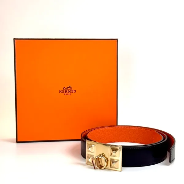 Pre-Owned/ Pre-Loved/ Second-Hand Hermes CDC Collier de Chien Belt, Others in Black, Orange, Gold Hardware Color, 85cm Size, Front View