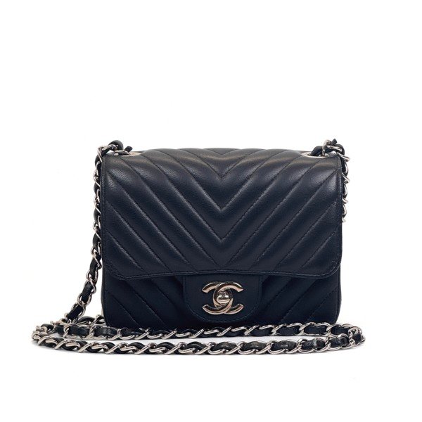 Pre-Owned/ Pre-Loved/ Second-Hand Chanel Mini Square Chevron, Bag in Black, Silver Hardware Color,  Size, Front View