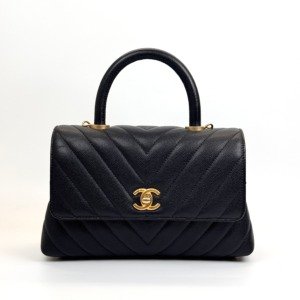 Pre-Owned/ Pre-Loved/ Second-Hand Chanel Chevron Coco Handle Cavair, Bag in Black, Gold Hardware Color, Small Size, Front View
