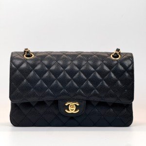 Pre-Owned/ Pre-Loved/ Second-Hand Chanel Classic Flap Medium Caviar, Bag in Black, Gold Hardware Color, Medium Size, Front View