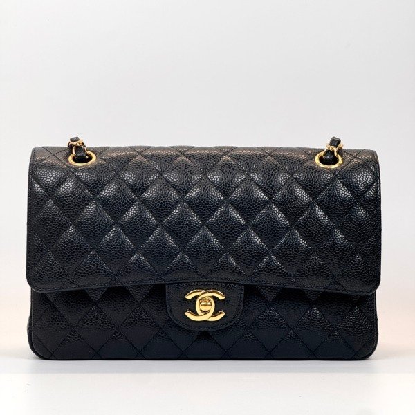 c202601878-chanel-classic-flap-medium-caviar Pre-Owned/ Pre-Loved/ Second-Hand Chanel Classic Flap Medium Caviar, Bag in Black, Gold Hardware Color, Medium Size, Front View