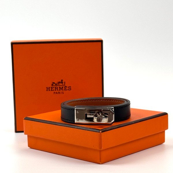 Pre-Owned/ Pre-Loved/ Second-Hand Hermes Kelly Double Tour Bracelet, Bracelet in Black, Palladium Hardware Color, T2 (15.5cm) Size, Front View