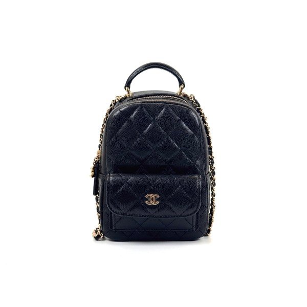 Pre-Owned/ Pre-Loved/ Second-Hand Chanel Mini Backpack Cavair, Bag in Black, Light Gold Hardware Color, Mini Size, Front View
