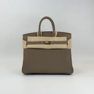 Pre-Owned/ Pre-Loved/ Second-Hand Hermes Birkin 25 Togo Verso, Bag in Etoupe, Marron Fonce, Permabrass Hardware Color, 25 Size, Front View