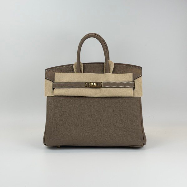 Pre-Owned/ Pre-Loved/ Second-Hand Hermes Birkin 25 Togo Verso, Bag in Etoupe, Marron Fonce, Permabrass Hardware Color, 25 Size, Front View