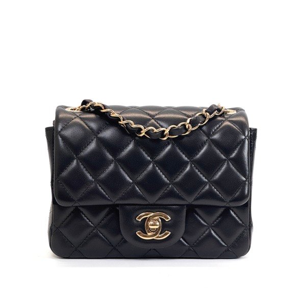 Pre-Owned/ Pre-Loved/ Second-Hand Chanel Square Mini Lambskin, Bag in Black, Gold Hardware Color, Mini Size, Front View