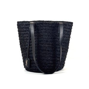 Pre-Owned/ Pre-Loved/ Second-Hand Saint Laurent (YSL) Raffia Tote, Bag in Black, Silver Hardware Color,  Size, Front View