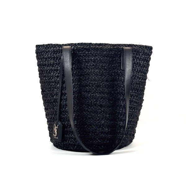 Pre-Owned/ Pre-Loved/ Second-Hand Saint Laurent (YSL) Raffia Tote, Bag in Black, Silver Hardware Color,  Size, Front View
