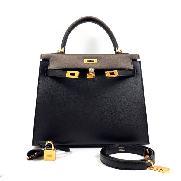 Pre-Owned/ Pre-Loved/ Second-Hand Hermes Kelly 25 Madame Verso, Bag in Black, Gold Hardware, Bleu Saphir Color, 25 Size, Front View