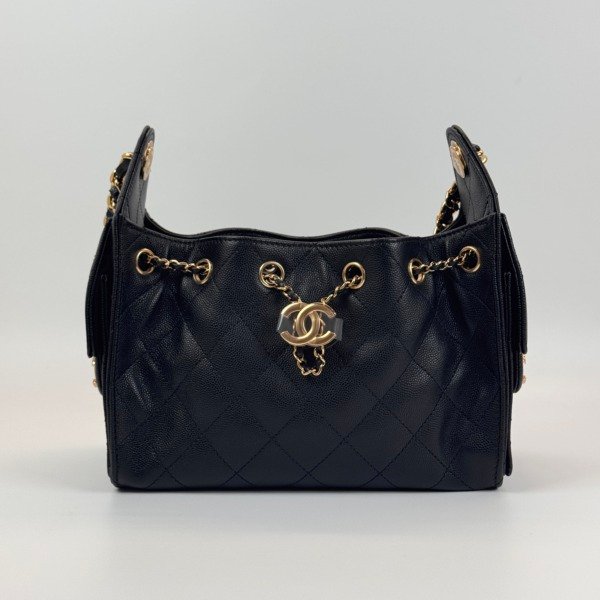 b2026011003-chanel-mini-25-bag-cavair Pre-Owned/ Pre-Loved/ Second-Hand Chanel Mini 25 Bag Cavair, Bag in Black, Shiny Gold Hardware Color, Mini Size, Front View