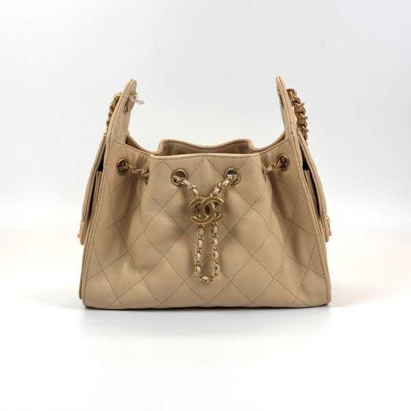 Pre-Owned/ Pre-Loved/ Second-Hand Chanel Chanel 25 Mini Caviar, Bag in Beige, Gold Hardware Color, Mini Size, Front View